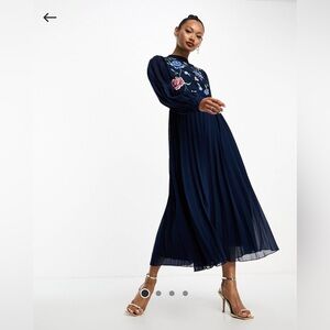 High Neck Pleated Long Sleeve Skater Midi Dress